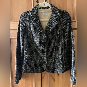 Wool Blend Tweed Blazer Jacket Black Green Textured Classic Womens Large